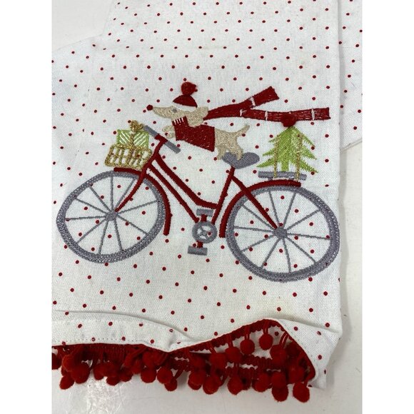 Set of 2 Christmas Holiday Dish Towels Dachshund Dog Riding Bike Embroidered - Picture 3 of 8